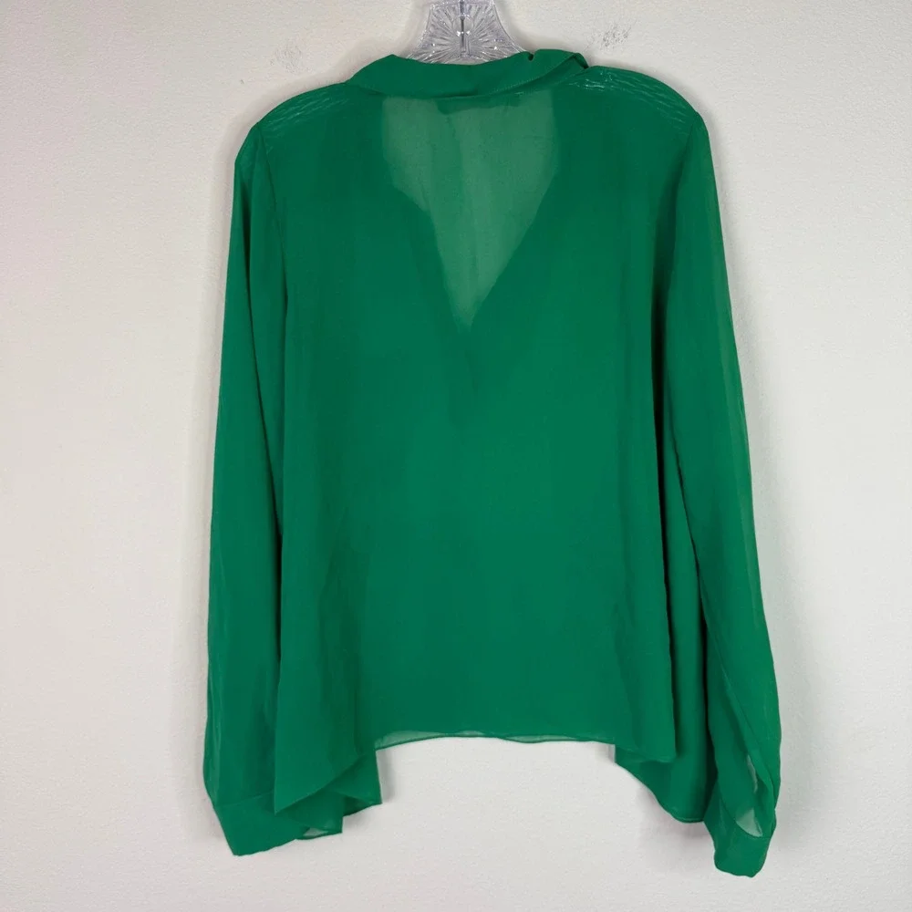 Free People Blouse Womens Medium Green V-Neck Long Sleeve Sheer Chiffon Top